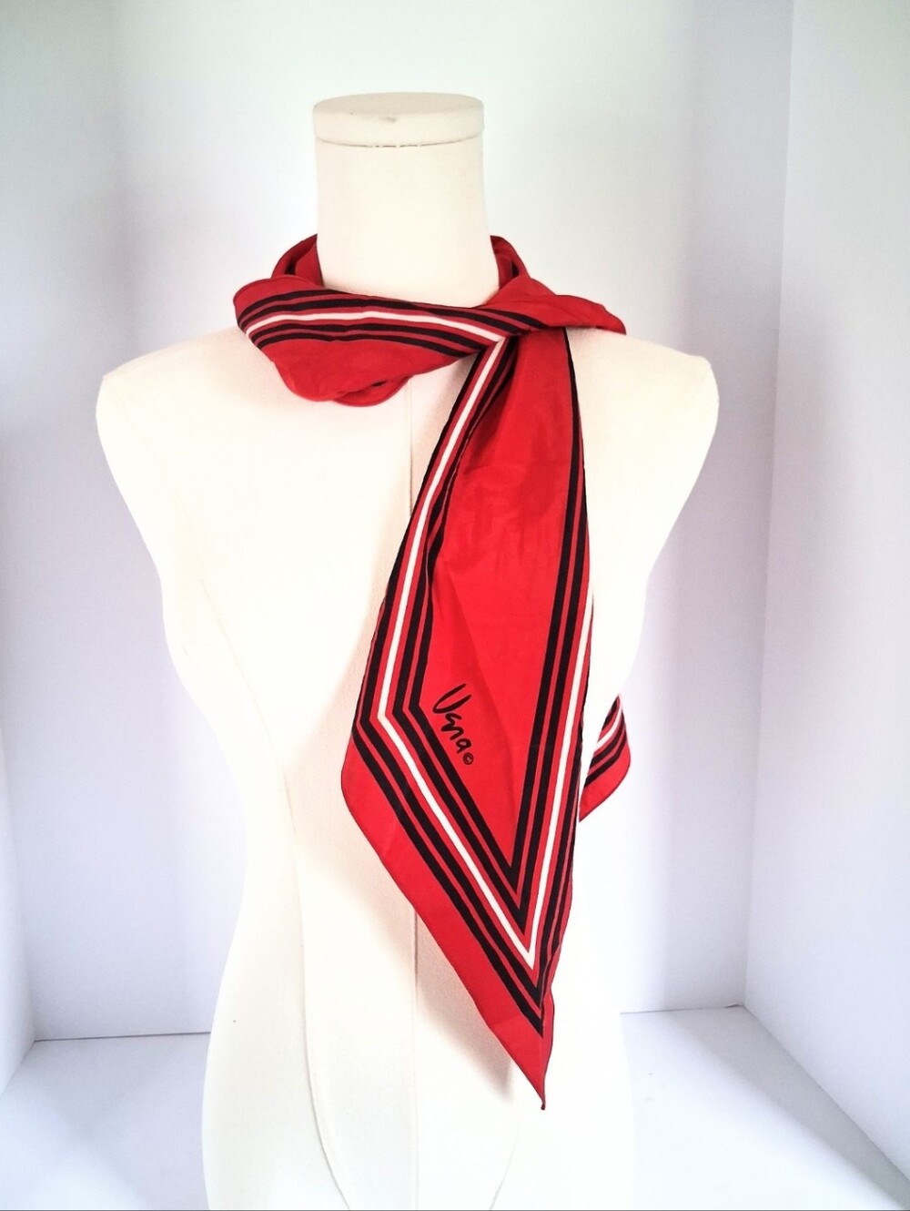 Vintage 80's Vera Neumann Red Long Scarf Geometric Print Black White Oblong